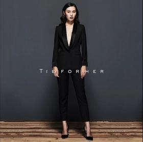 TF065 TieForHer礼服款缎边黑色九分西裤