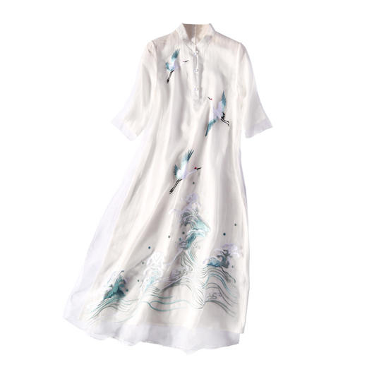 MD-Q2403新款仙鹤刺绣中国风禅意大码中长款复古连衣裙汉服 商品图4