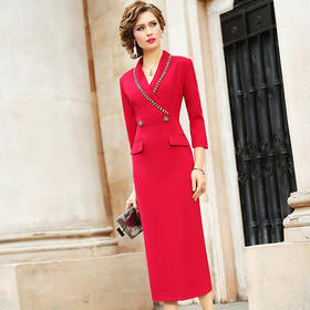 FMY-28539长袖气质时尚通勤V领修身过膝一步包臀裙