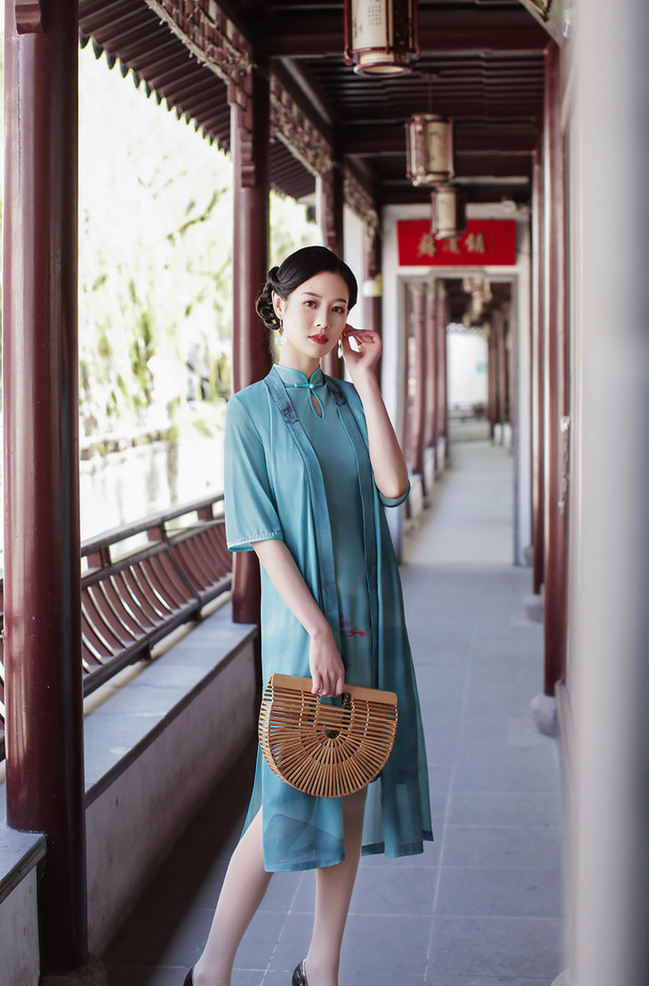 改良中国风圆襟复古旗袍裙两件套jlm3050