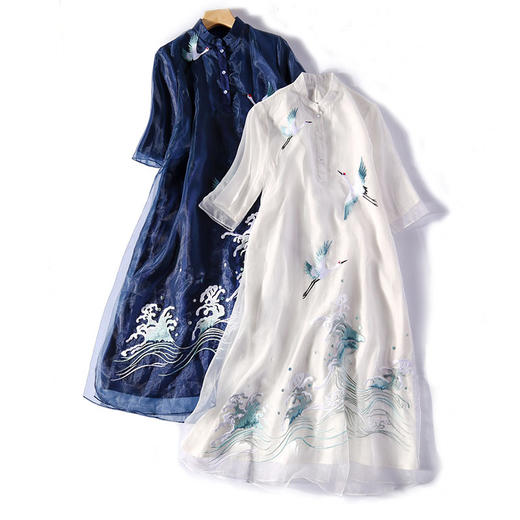 MD-Q2403新款仙鹤刺绣中国风禅意大码中长款复古连衣裙汉服 商品图0