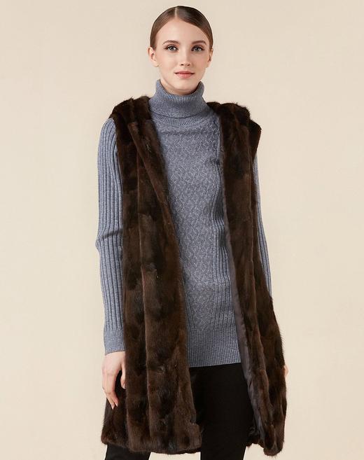 秋冬咖啡色连帽简约时尚皮草马甲8895dpb144cc