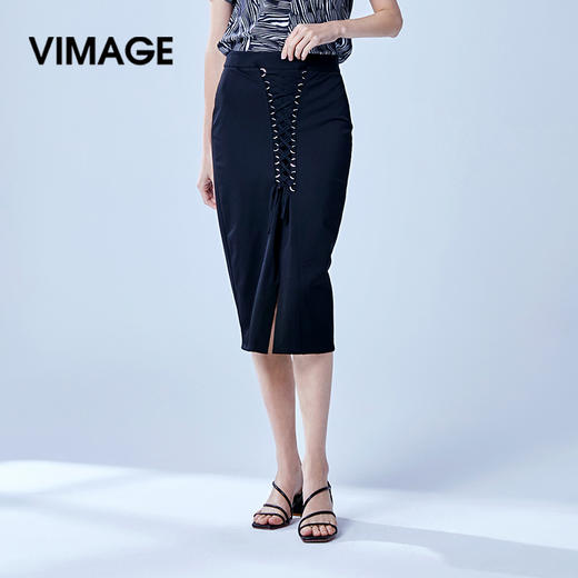 VIMAGE纬漫纪专柜春秋女装欧洲站绑带装饰百搭半裙中裙V606228 商品图0