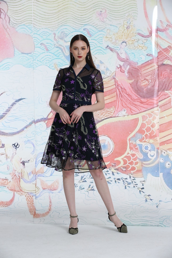 2s5942青莲色连衣裙众灵杂沓lsf