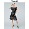vimage纬漫纪新款法式露肩一字领时尚高腰连衣裙中长款裙子V1107739 商品缩略图1