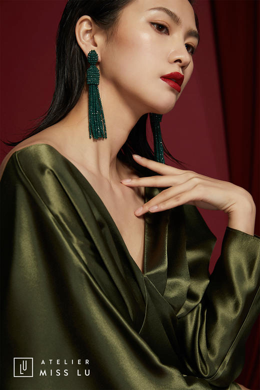 AtelierMissLu /Perez-月光绿褶皱V领露背连身裙 商品图4