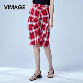 VIMAGE纬漫纪品牌女装春季时尚格子高腰百搭半身裙中裙V1106703