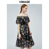 vimage纬漫纪新款法式露肩一字领时尚高腰连衣裙中长款裙子V1107739 商品缩略图2