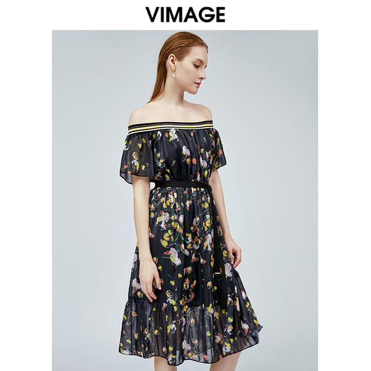 vimage纬漫纪新款法式露肩一字领时尚高腰连衣裙中长款裙子V1107739 商品图2