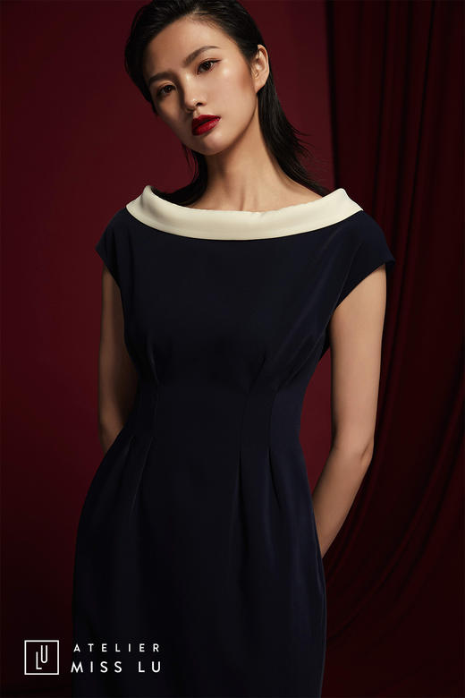AtelierMissLu /Lucero-藏青色复古领职场连身裙 商品图1