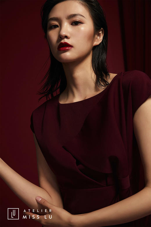 AtelierMissLu /Rocia-玫紫立裁一字领连衣裙 商品图1