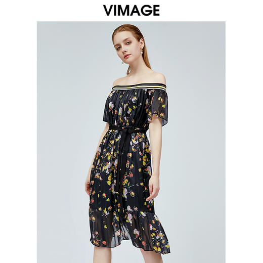 vimage纬漫纪新款法式露肩一字领时尚高腰连衣裙中长款裙子V1107739 商品图0