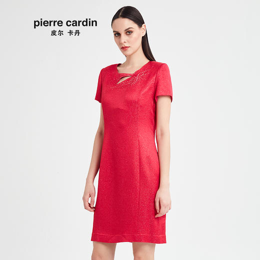 皮尔卡丹女夏季新款玫红色短袖圆领连衣裙通勤中裙W92DS05D0
 商品图1
