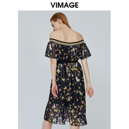 vimage纬漫纪新款法式露肩一字领时尚高腰连衣裙中长款裙子V1107739 商品图3