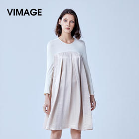 VIMAGE纬漫纪夏季女装宽松高腰A字褶皱连衣裙中长裙女裙V907579