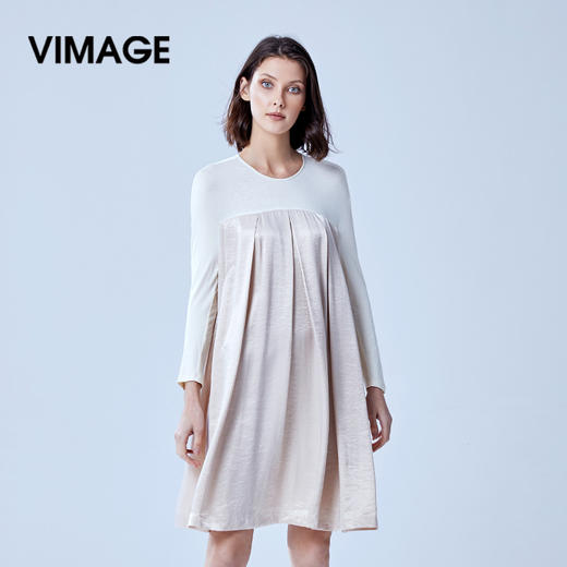 VIMAGE纬漫纪夏季女装宽松高腰A字褶皱连衣裙中长裙女裙V907579 商品图0