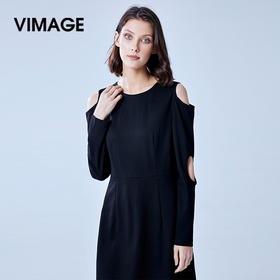 VIMAGE纬漫纪品牌女装冬季时尚修身高腰圆领黑色连衣裙V1007625