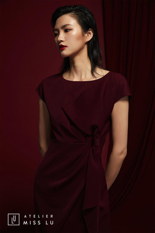 AtelierMissLu /Rocia-玫紫立裁一字领连衣裙 商品图4