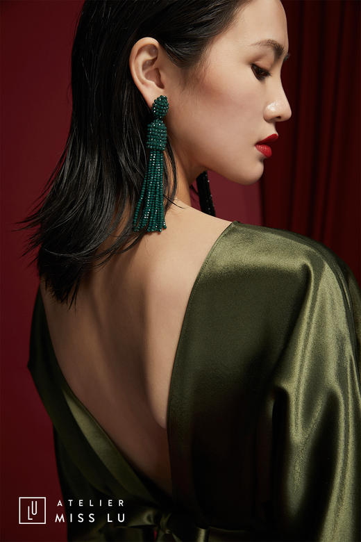 AtelierMissLu /Perez-月光绿褶皱V领露背连身裙 商品图0