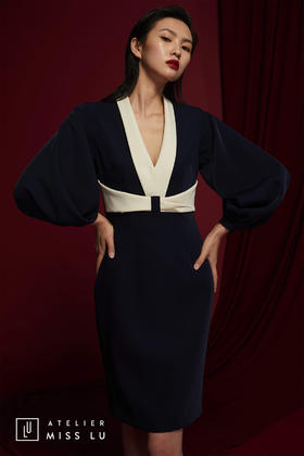 AtelierMissLu /Alexsandra-藏青拼白大摆袖率性连身裙