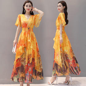 XTH-新款夏韩版印花荷叶袖气质收腰显瘦V领雪纺连衣裙