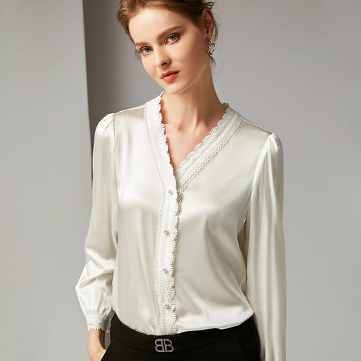 丁摩 重磅真丝蕾丝花边领长袖桑蚕丝衬衫20-37DB499240531 商品图6