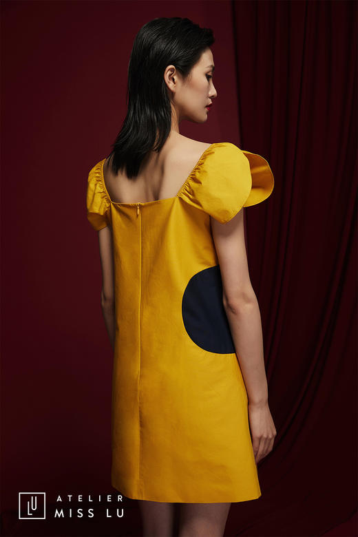 AtelierMissLu /Torres-流心黄拼色蓬蓬袖连身裙 商品图3