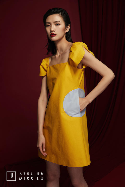 AtelierMissLu /Torres-流心黄拼色蓬蓬袖连身裙 商品图2