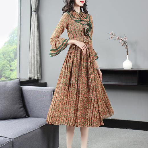 DES-2au0409春夏新款美伦名媛优雅气质印花荷叶边修身仙气显瘦连衣裙 商品图0