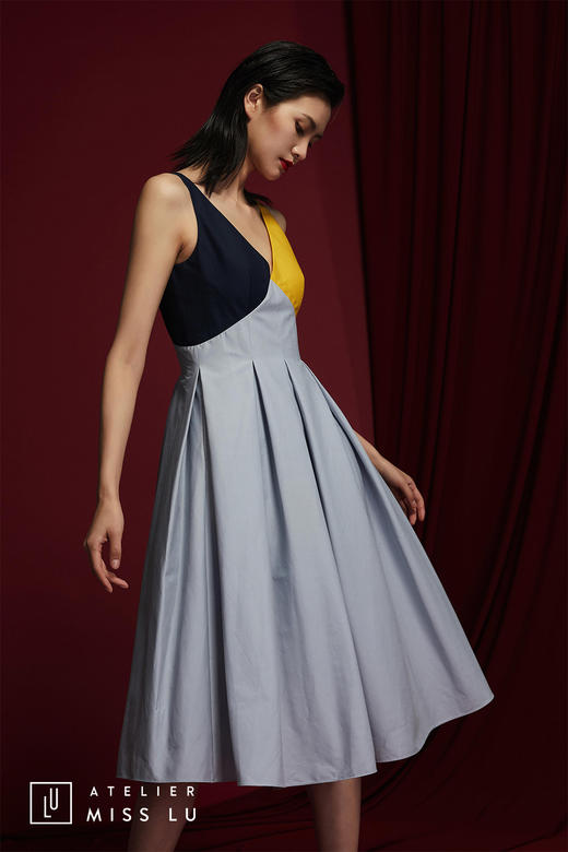 AtelierMissLu /Villa-拼色褶皱无袖连身裙 商品图4