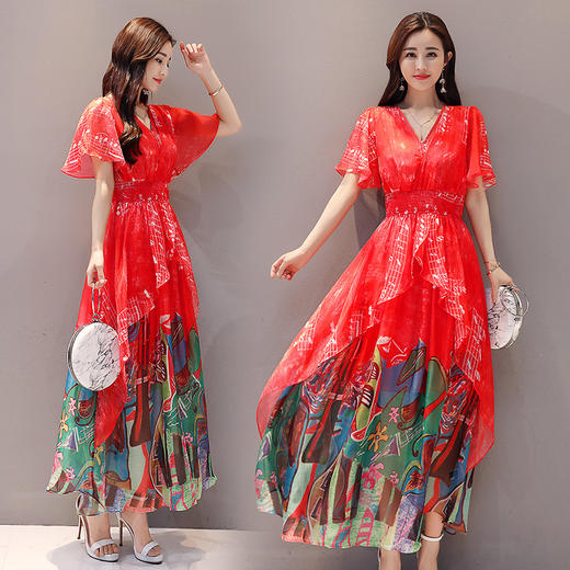 XTH-新款夏韩版印花荷叶袖气质收腰显瘦V领雪纺连衣裙 商品图1