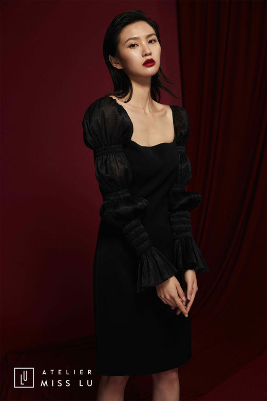 AtelierMissLu /Yolanda-银河黑色纱袖修身连身裙 商品图4