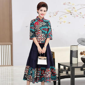 YCE-FLO-953复古修身显瘦棉麻旗袍两件套