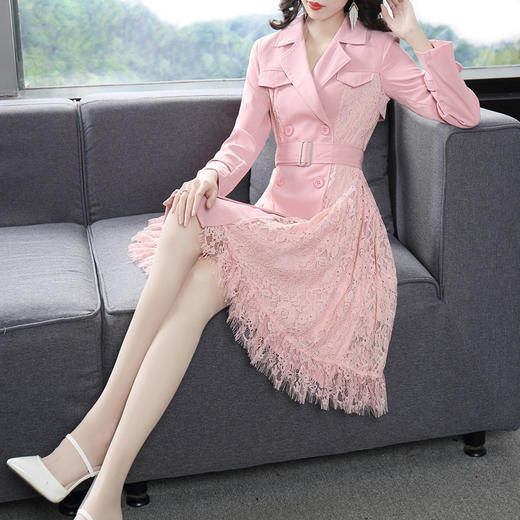 DES-2au0404春装新款西服领双排扣拼接长袖OL通勤风衣连衣裙 商品图2