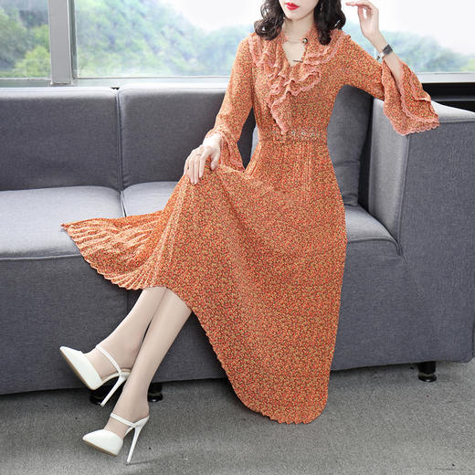 DES-2au0409春夏新款美伦名媛优雅气质印花荷叶边修身仙气显瘦连衣裙 商品图2