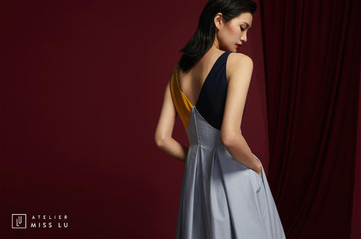 AtelierMissLu /Villa-拼色褶皱无袖连身裙 商品图5