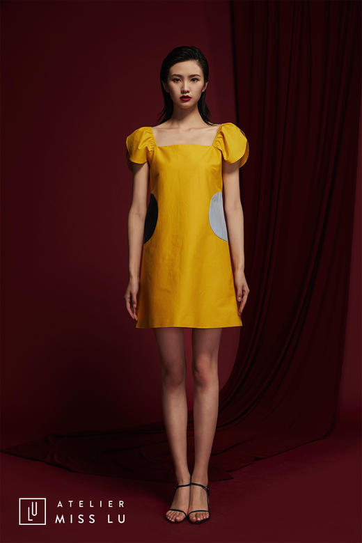 AtelierMissLu /Torres-流心黄拼色蓬蓬袖连身裙 商品图1
