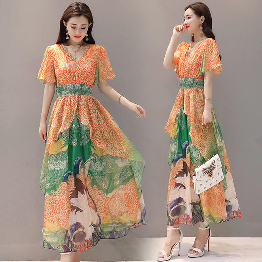 XTH-新款夏韩版印花荷叶袖气质收腰显瘦V领雪纺连衣裙 商品图4
