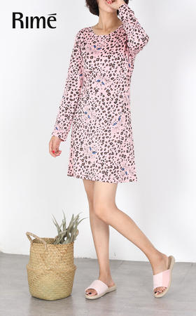 粉色豹纹长袖薄款睡衣居家睡裙58371