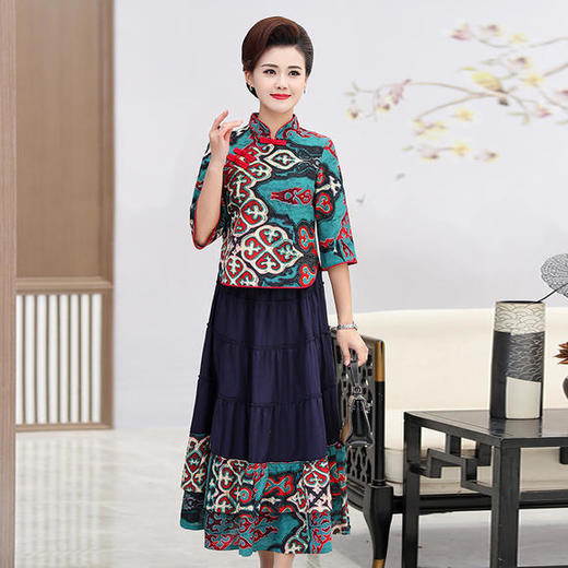 YCE-FLO-953复古修身显瘦棉麻旗袍两件套 商品图2