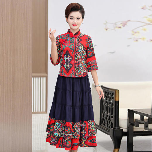 YCE-FLO-953复古修身显瘦棉麻旗袍两件套 商品图1