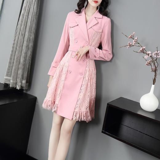 DES-2au0404春装新款西服领双排扣拼接长袖OL通勤风衣连衣裙 商品图1