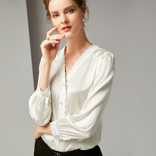 丁摩 重磅真丝蕾丝花边领长袖桑蚕丝衬衫20-37DB499240531 商品图1