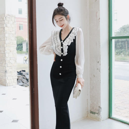 JY-1677春新品气质名媛荷叶边排扣包臀中长款连衣裙 商品图1