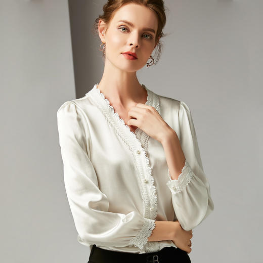 丁摩 重磅真丝蕾丝花边领长袖桑蚕丝衬衫20-37DB499240531 商品图5