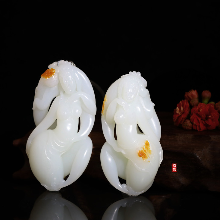 和田玉(羊脂玉)籽料挂件--玉贵人(渠敬鹏) 84.62g/79.22g