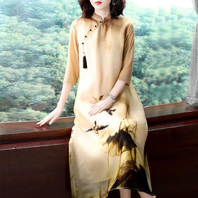 KDS-683春季新款立领盘扣真丝欧根纱印花连衣裙