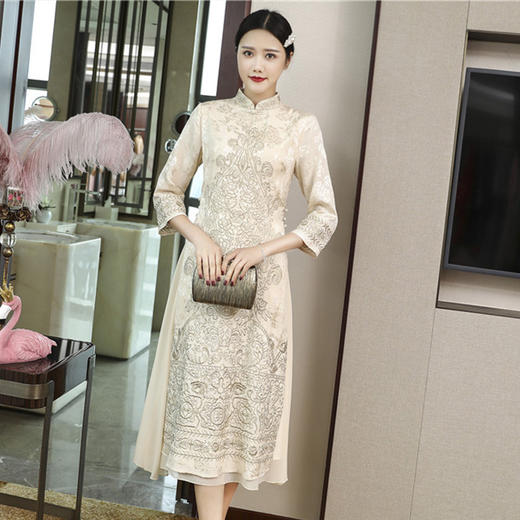 YFN-19522民族风改良旗袍气质优雅中长款复古晚宴礼服连衣裙 商品图3