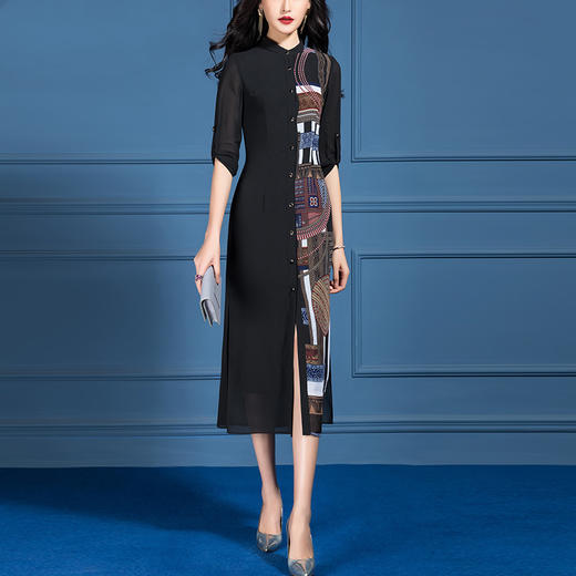 SSGS-D333新款气质收腰修身印花拼接雪纺开衫连衣裙 商品图0