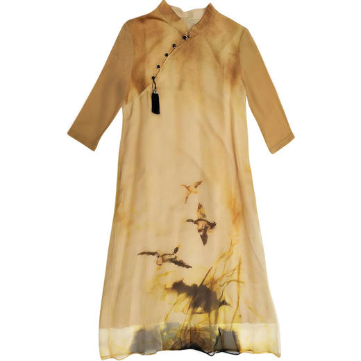 KDS-683春季新款立领盘扣真丝欧根纱印花连衣裙 商品图4